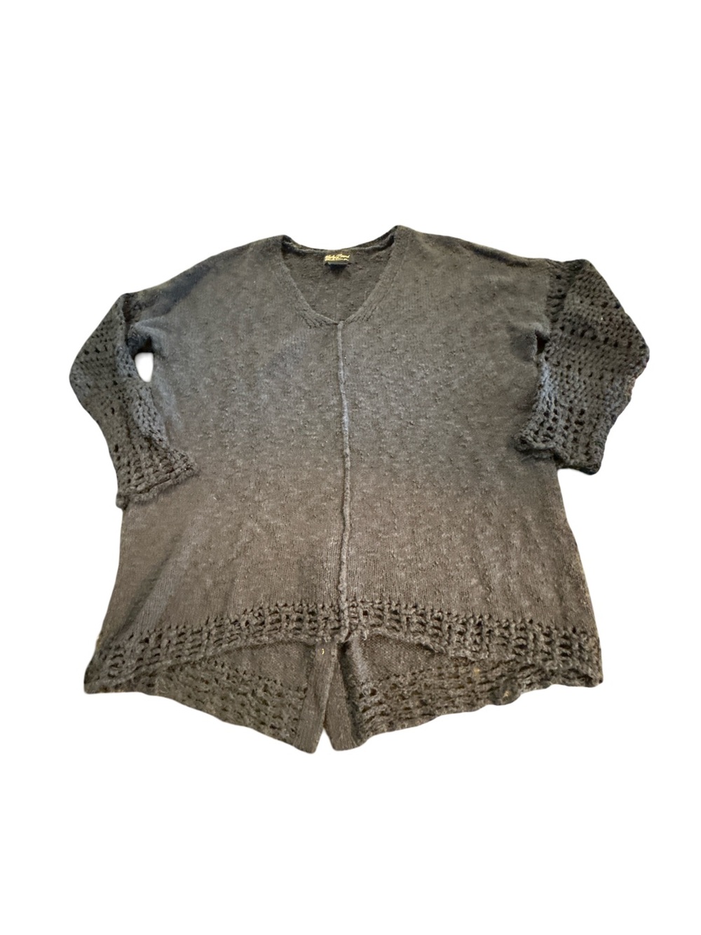 Lucky Brand Navy Blue Boho Crochet Open Knit Sleeve V-Neck Lagenlook Sweater M